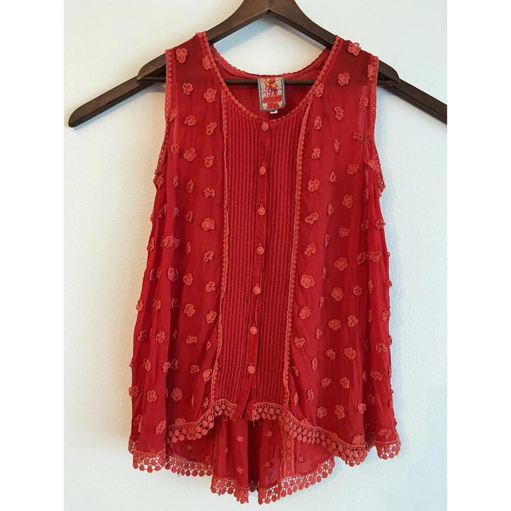 Johnny Was Louie Tank Blouse Women Red Embroidered Eyelet Flowy Festival Boho Xs